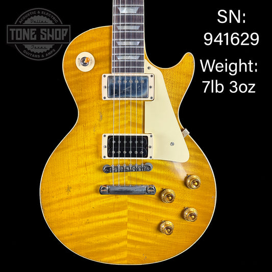 Front of serial number 941629 of Gibson Custom Shop Dealer's Choice 1959 Les Paul Chambered Lemon Burst Light Murphy Lab.