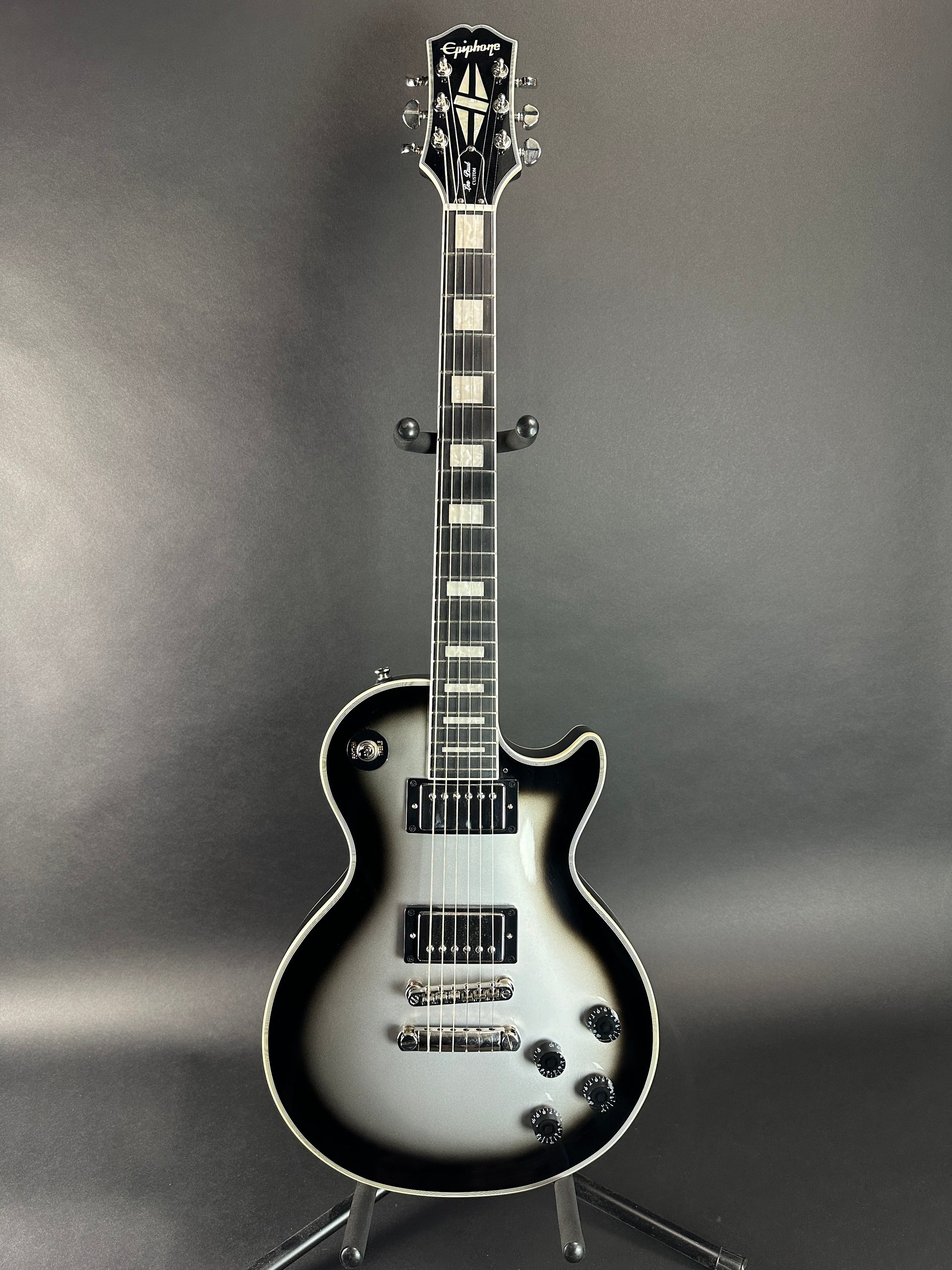 Full front of Used Epiphone Les Paul Custom Silverburst.