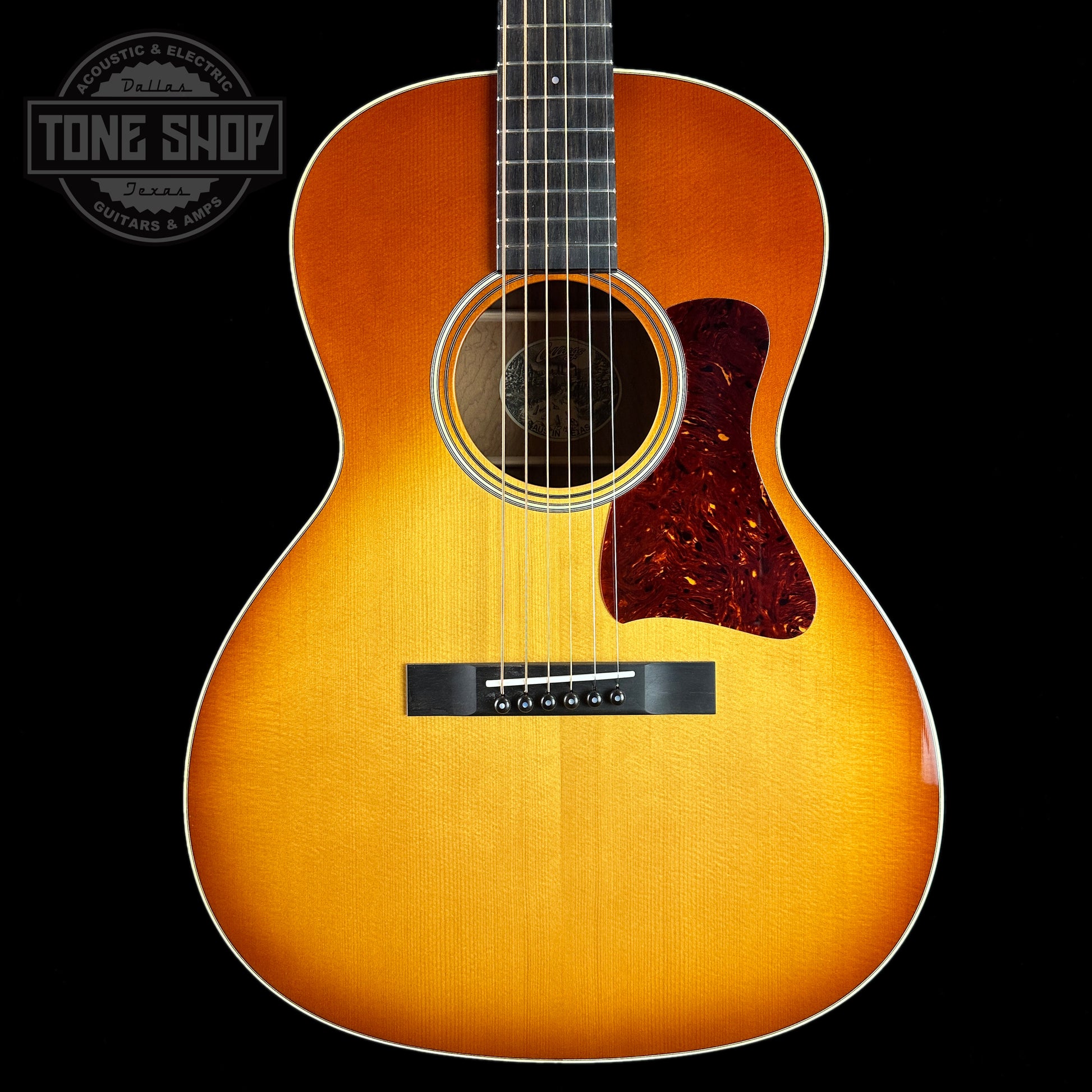 Front of Collings C10 Deep Body Western Sunburst Sitka/Bubble Maple.