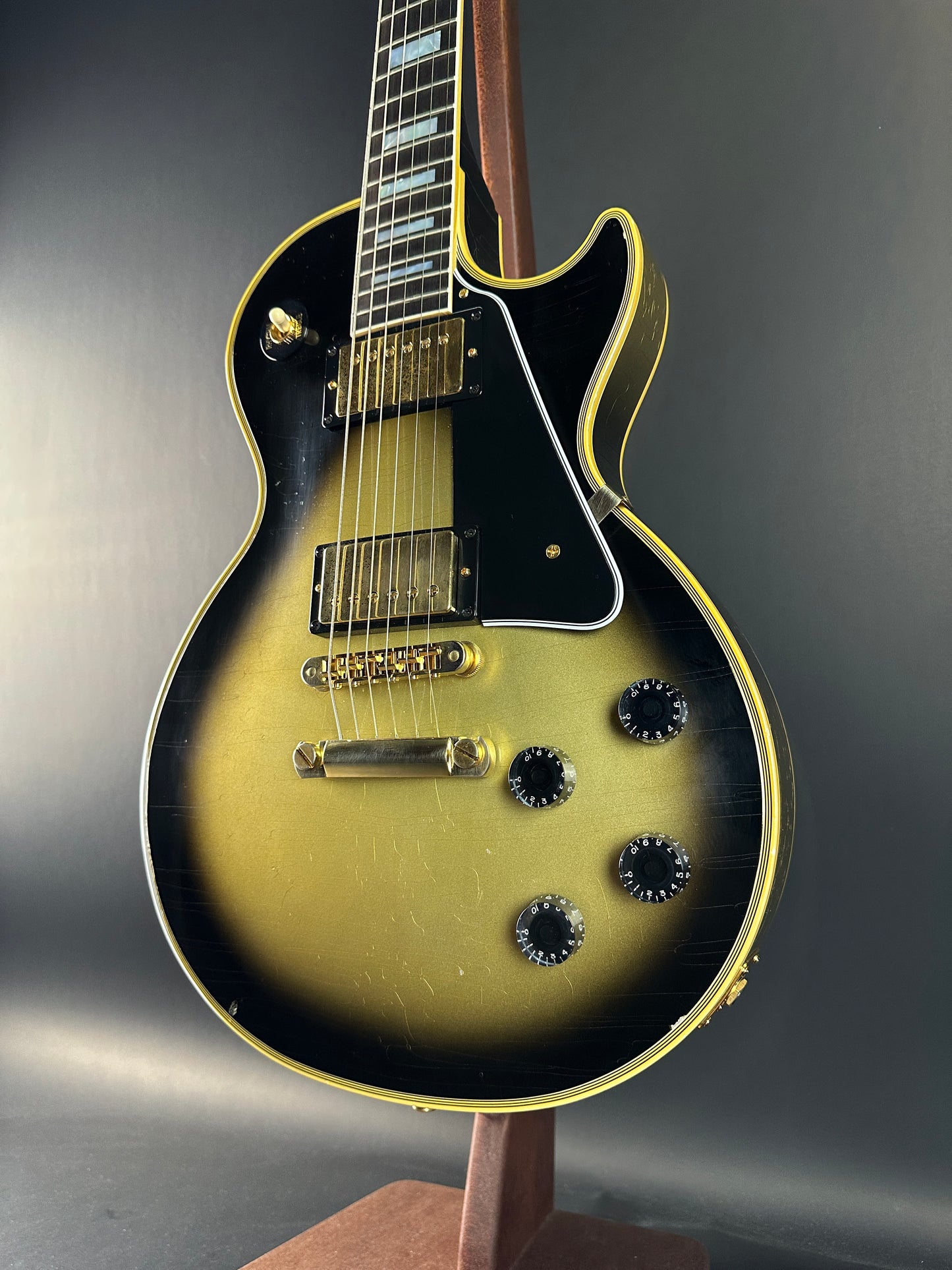 Front angle of Used Gibson Custom Shop Les Paul Custom Antique Silverburst Murphy Lab Light Aged.