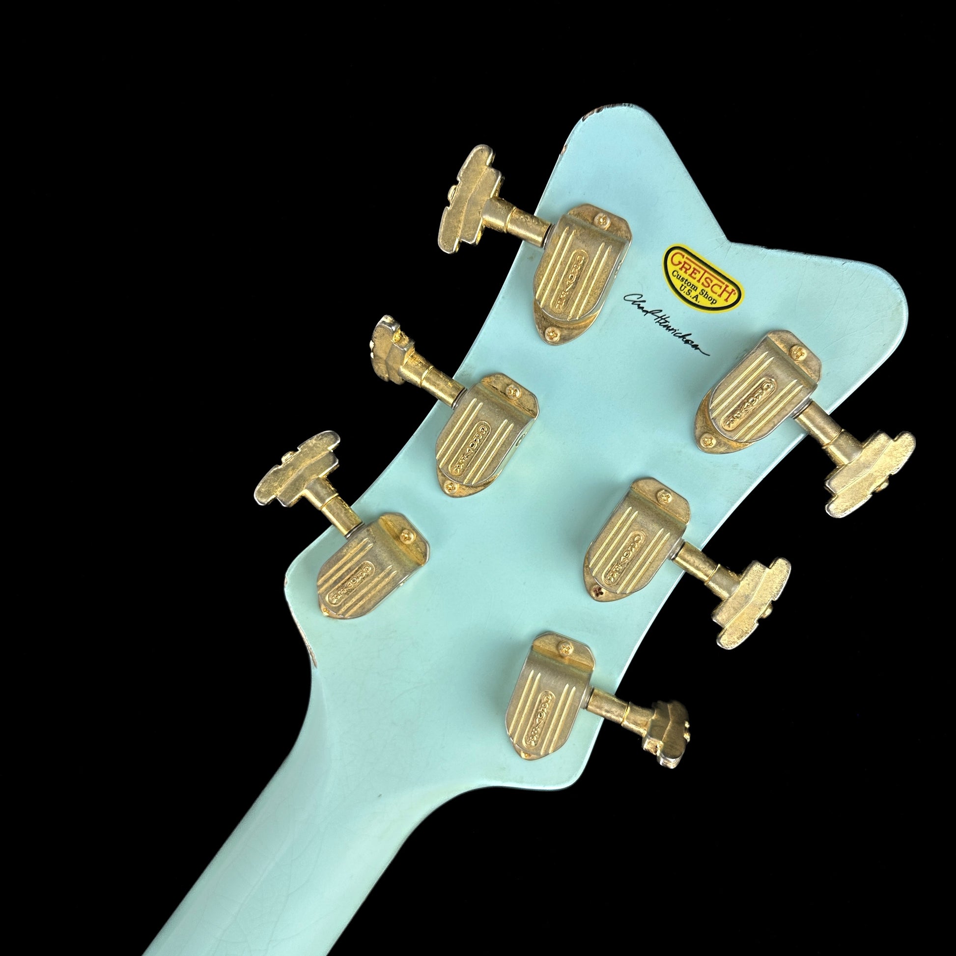 Back of headstock of Gretsch Custom Shop G6134-59 Penguin Relic Daphne Blue.