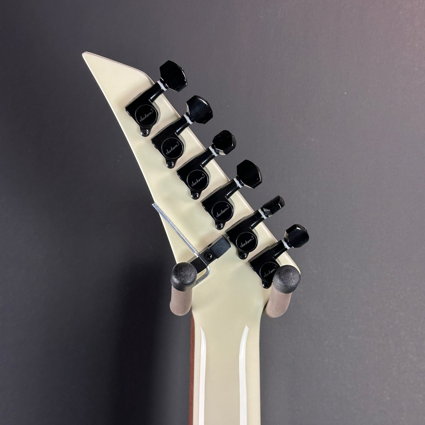 Back of headstock of Used Jackson USA RR1 Rhoads Pinstripe Floyd Rose.