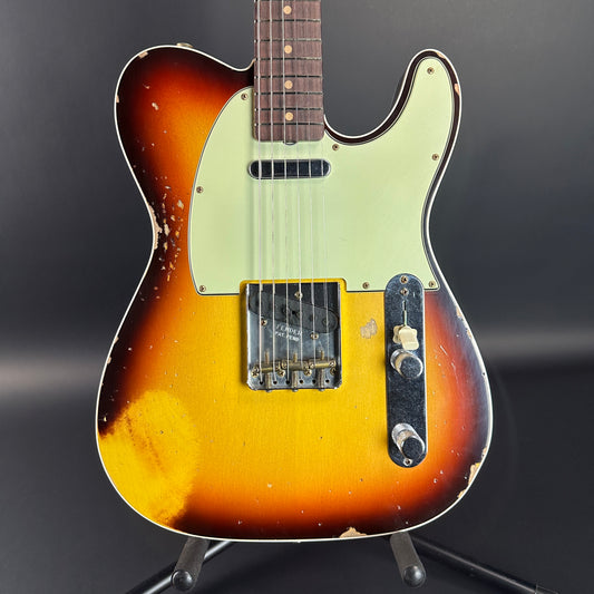 Front of Fender Custom Shop Time Machine '60 Tele Custom Heavy Relic Super Faded Aged Chocolate 3 Color Sunburst.