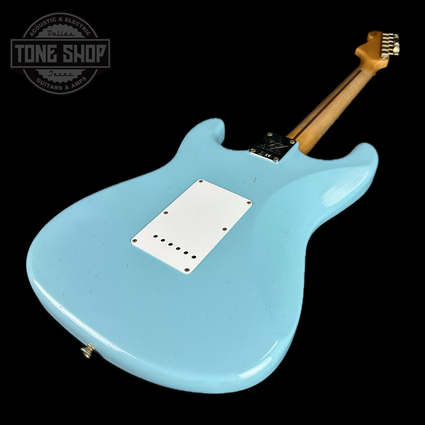 Back angle of Fender Custom Shop LTD 70th Anniversary 1954 Stratocaster Daphne Blue.