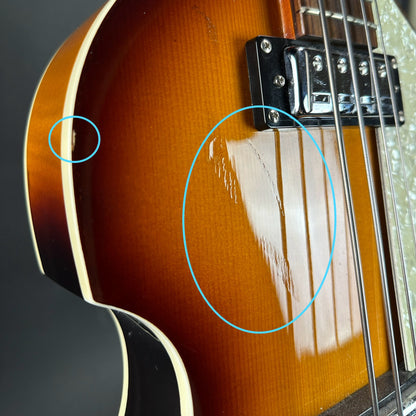 Damage near pickup of Used Hofner Icon Sieries D-Bass Sunburst.