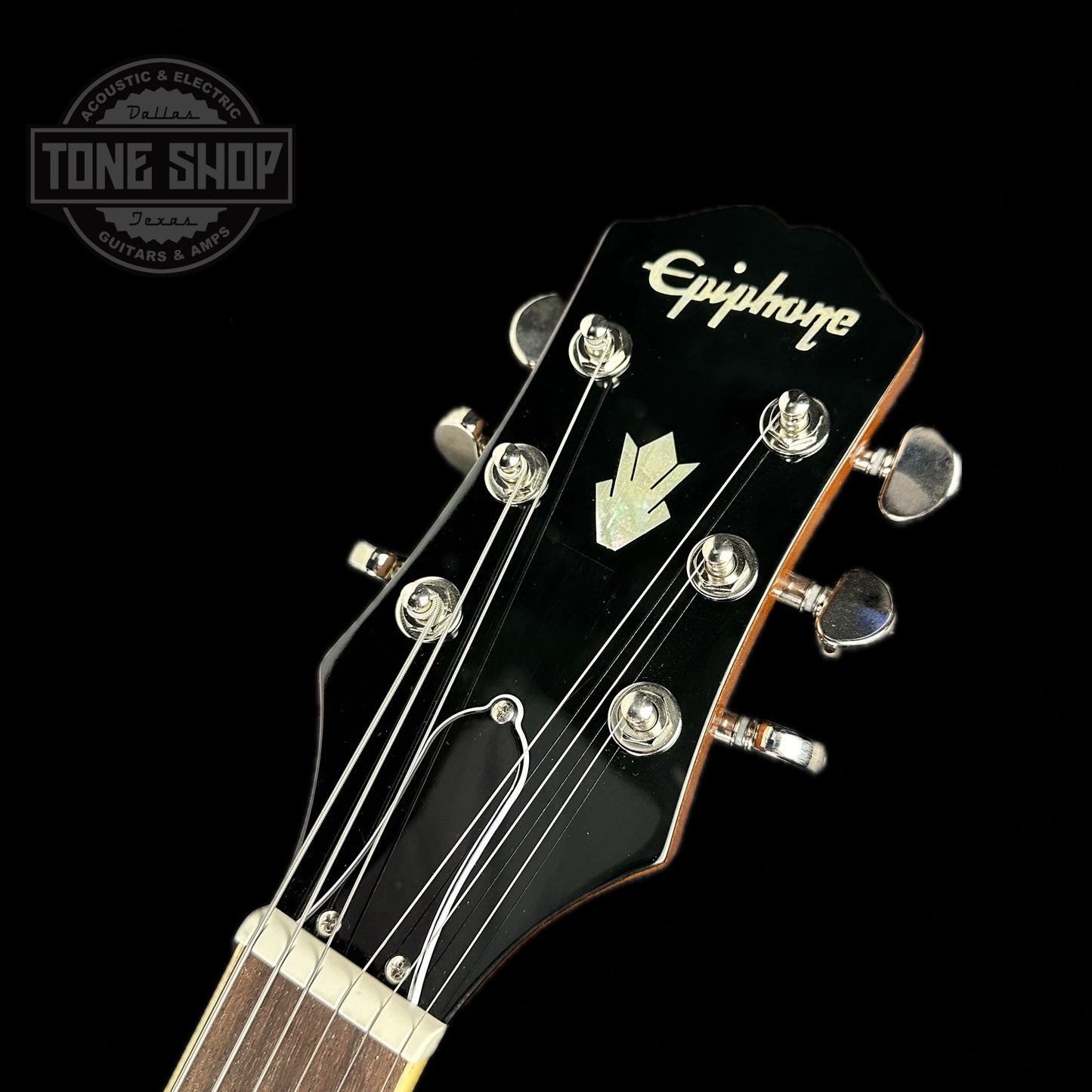 Front of headstock of Used Epiphone ES-339 Vintage Sunburst.