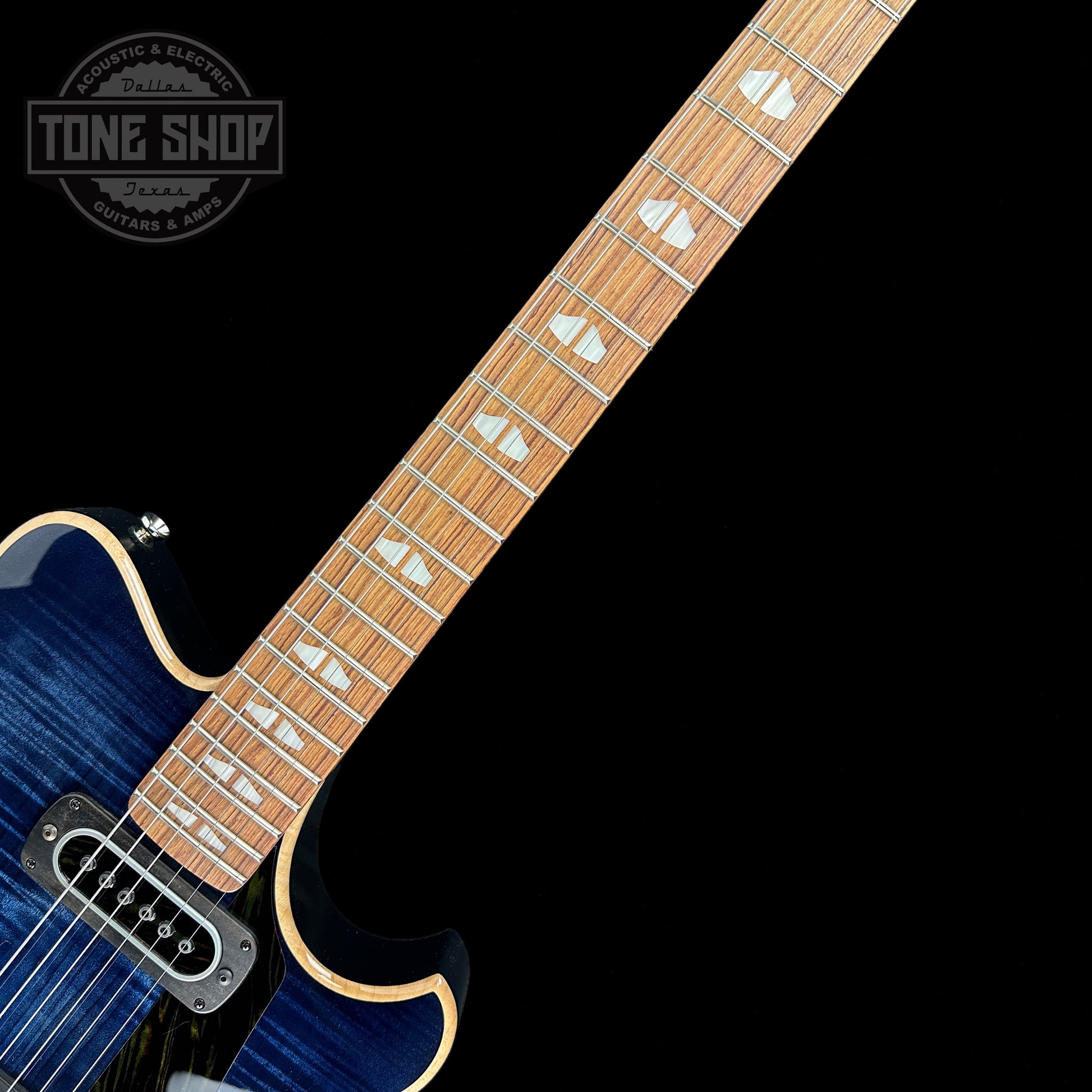 Fretboard of Powers Electric A-Type Select Maple Twilight Blue PF42 Firestripe Ebony Cool.