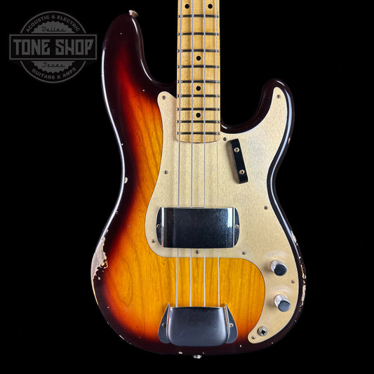 Front of Fender Custom Shop Time Machine '58 Precision Bass Relic Super Faded Aged Chocolate 3 Color Sunburst.