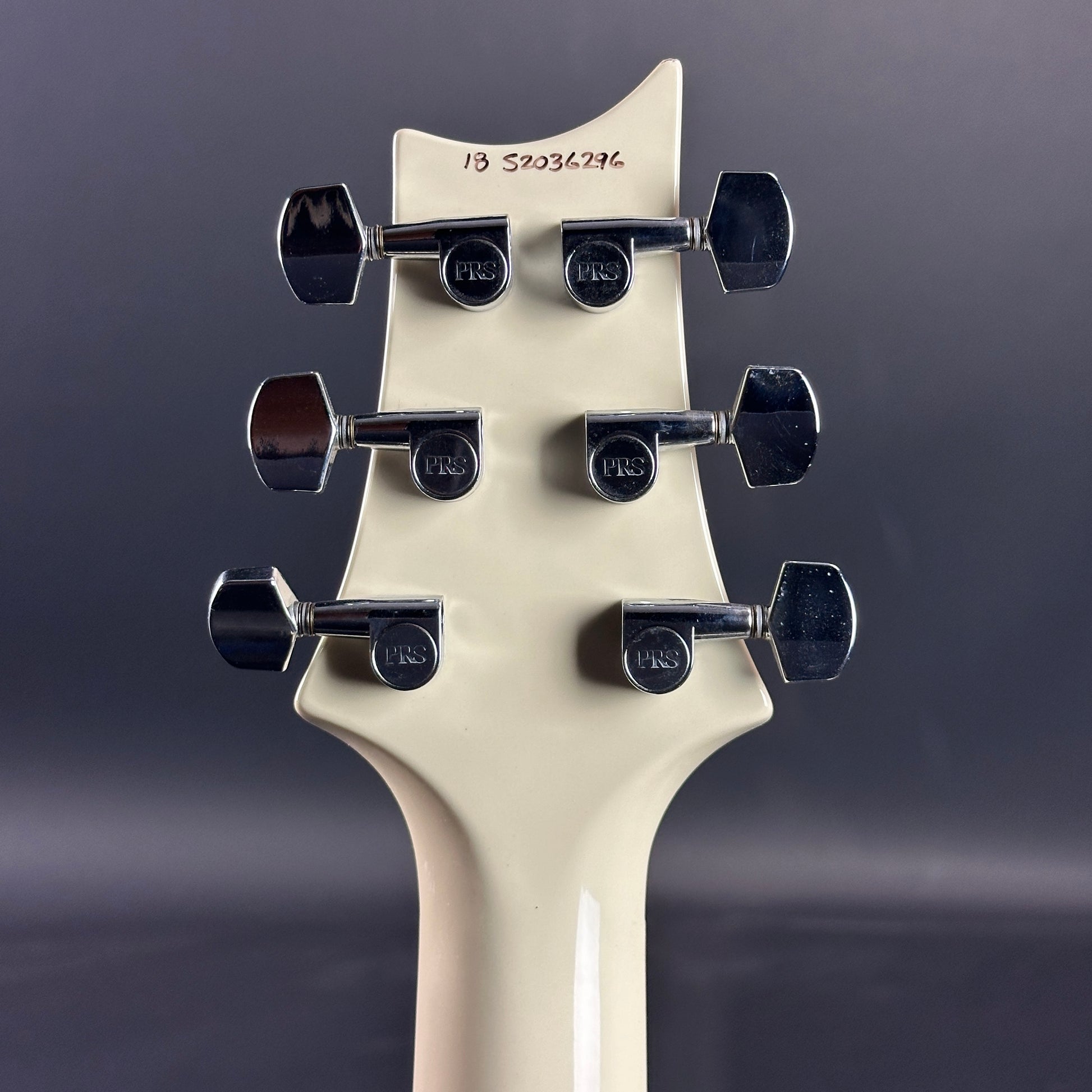 Back of headstock of Used 2018 PRS S2 Standard 22 White.