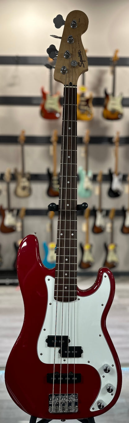 Full front of Used Squier Affinity PJ Bass Candy Apple Red TSS4323