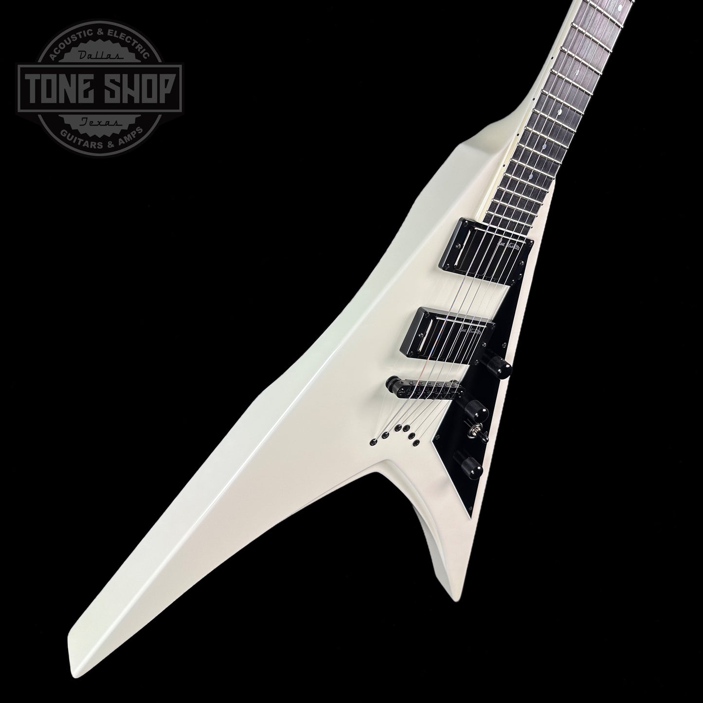 Front angle of Used ESP Custom Shop DV8 Dave Mustaine White.