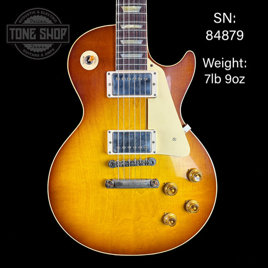 Top of serial number 84879 of Gibson Custom Shop Dealer's Choice 1958 Les Paul Standard Chambered Slow Iced Tea Fade VOS NH.