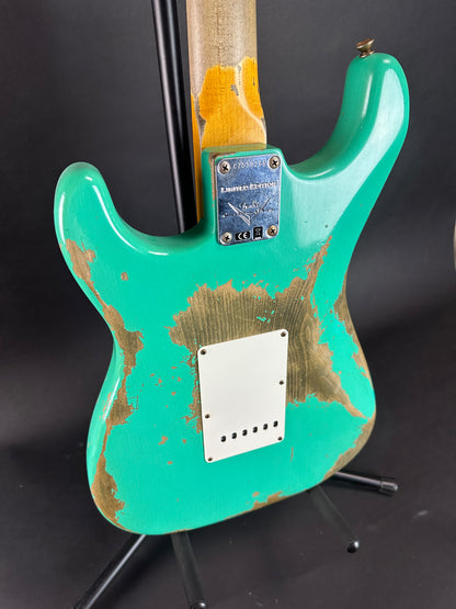 Back angle of Used Fender Custom Shop Dual Mag II Strat Relic Seafoam Green.