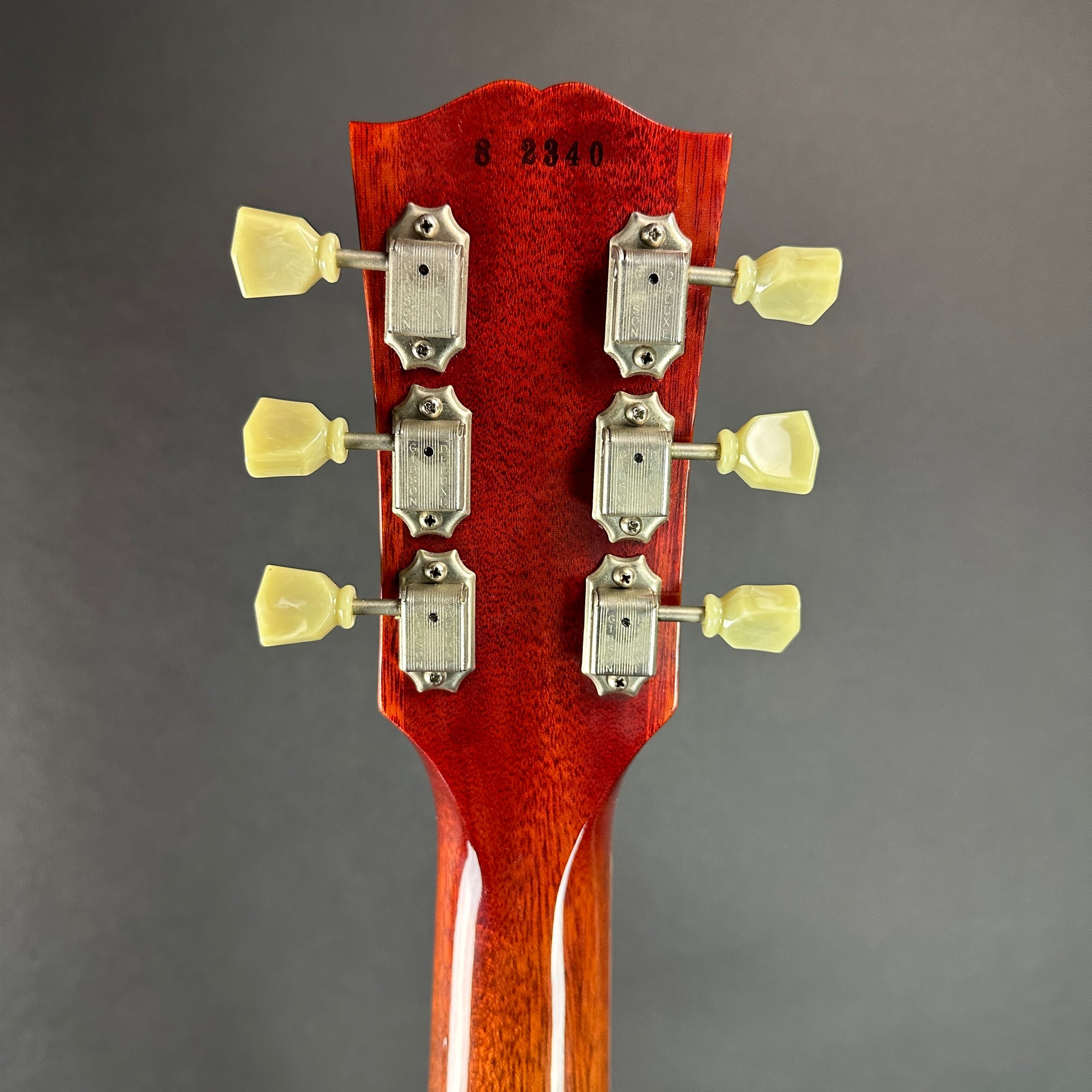 Back of headstock of Used 2002 Gibson Custom Shop 1958 Reissue Les Paul Lemonburst.