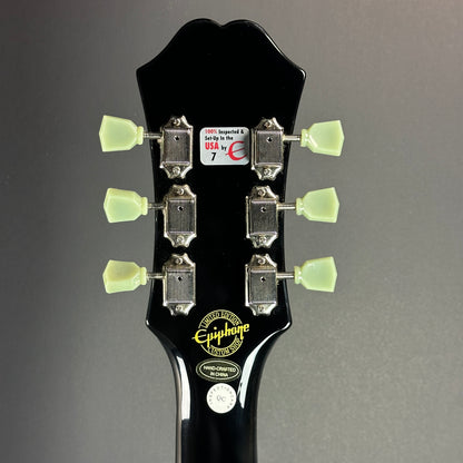 Back of headstock of Used Epiphone ES-335 Pro Burst.