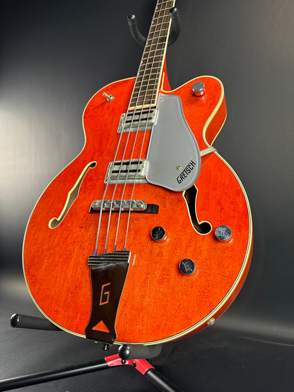 Front angle of Used 1991 Gretsch G6119B Broadcaster Bass Orange.