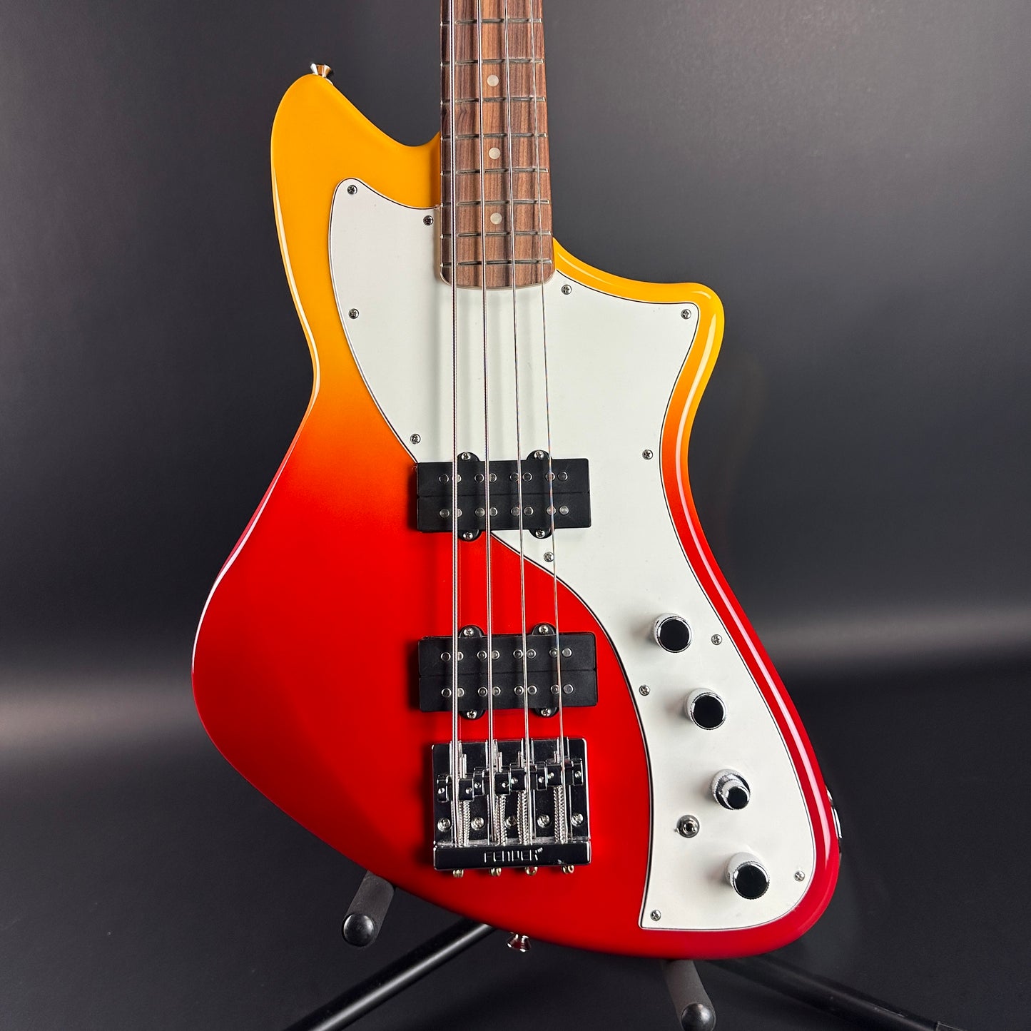 Front of Used Fender Player Plus Meteora Bass Tequila Sunrise.