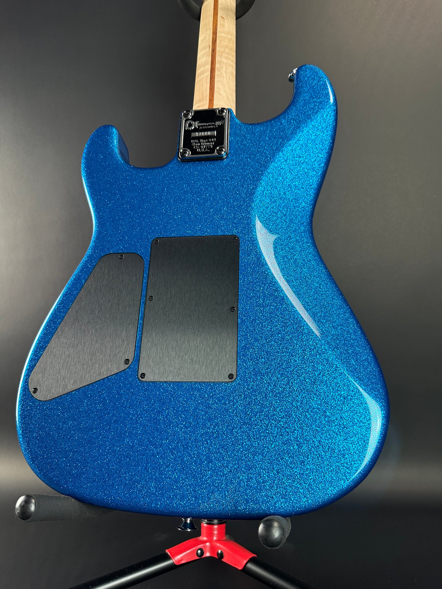 Back angle of Charvel Custom Shop San Dimas 2H FR Blue Sparkle.