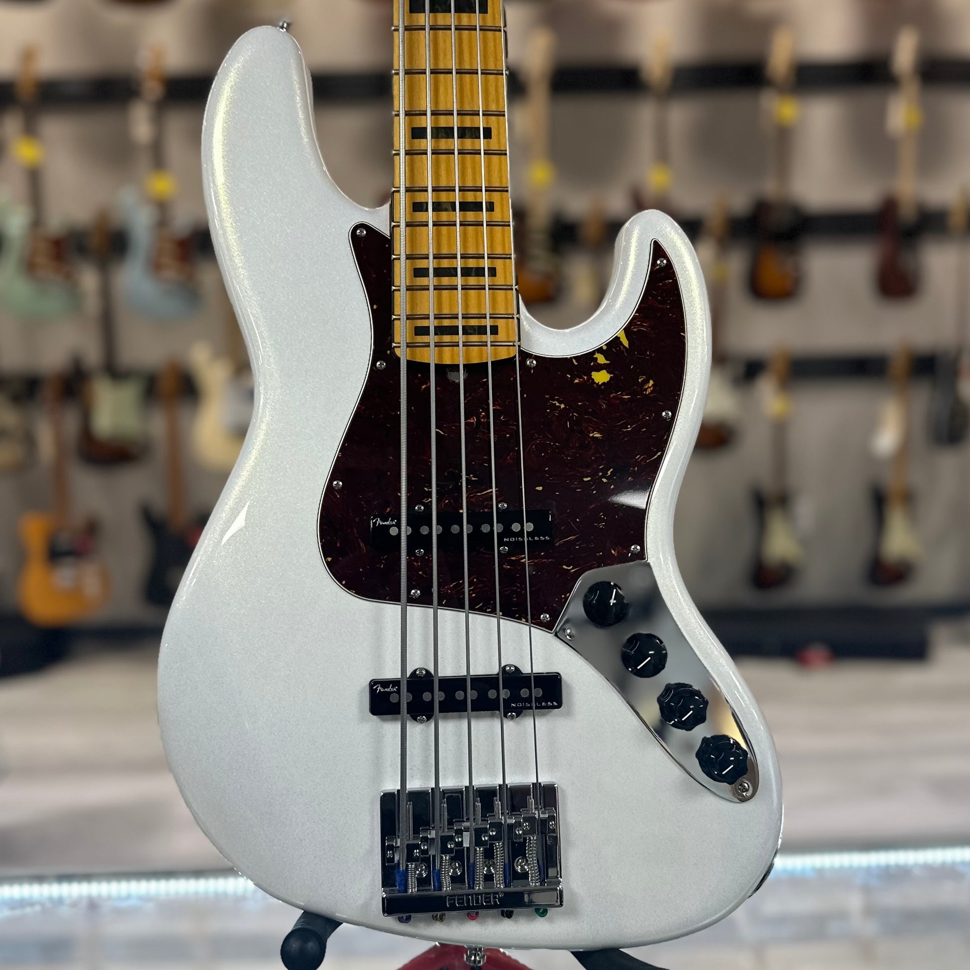 Front of Used 2023 Fender American Ultra Jazz Bass V Artic Pearl w/case TSS4530