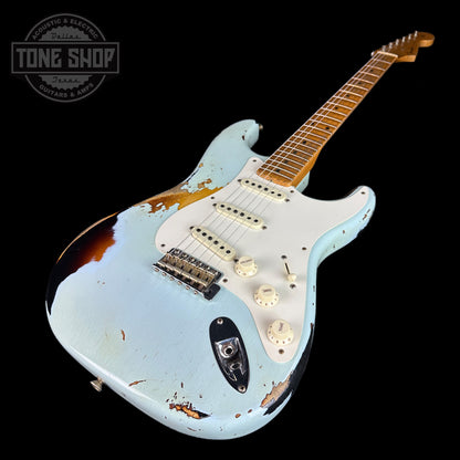 Front angle of Used 2020 Fender Custom Shop '56 Stratocaster Sonic Blue Over 3 Tone Sunburst.
