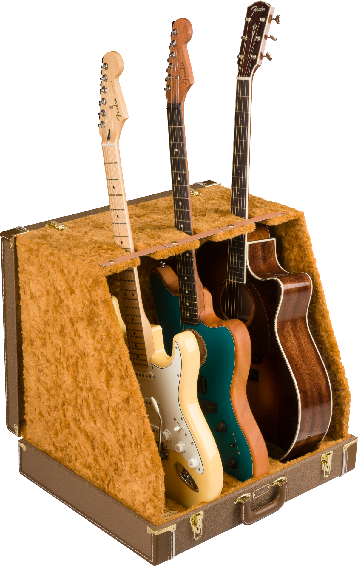 Front right angle of Fender Classic Series Case Stand 3 Guitar Brown with example guitars.