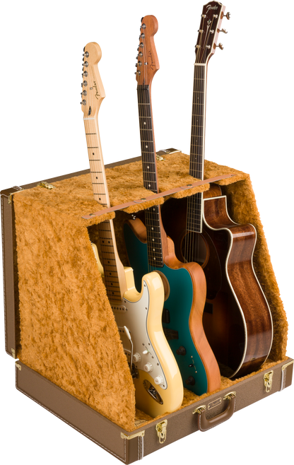 Front right angle of Fender Classic Series Case Stand 3 Guitar Brown with example guitars.