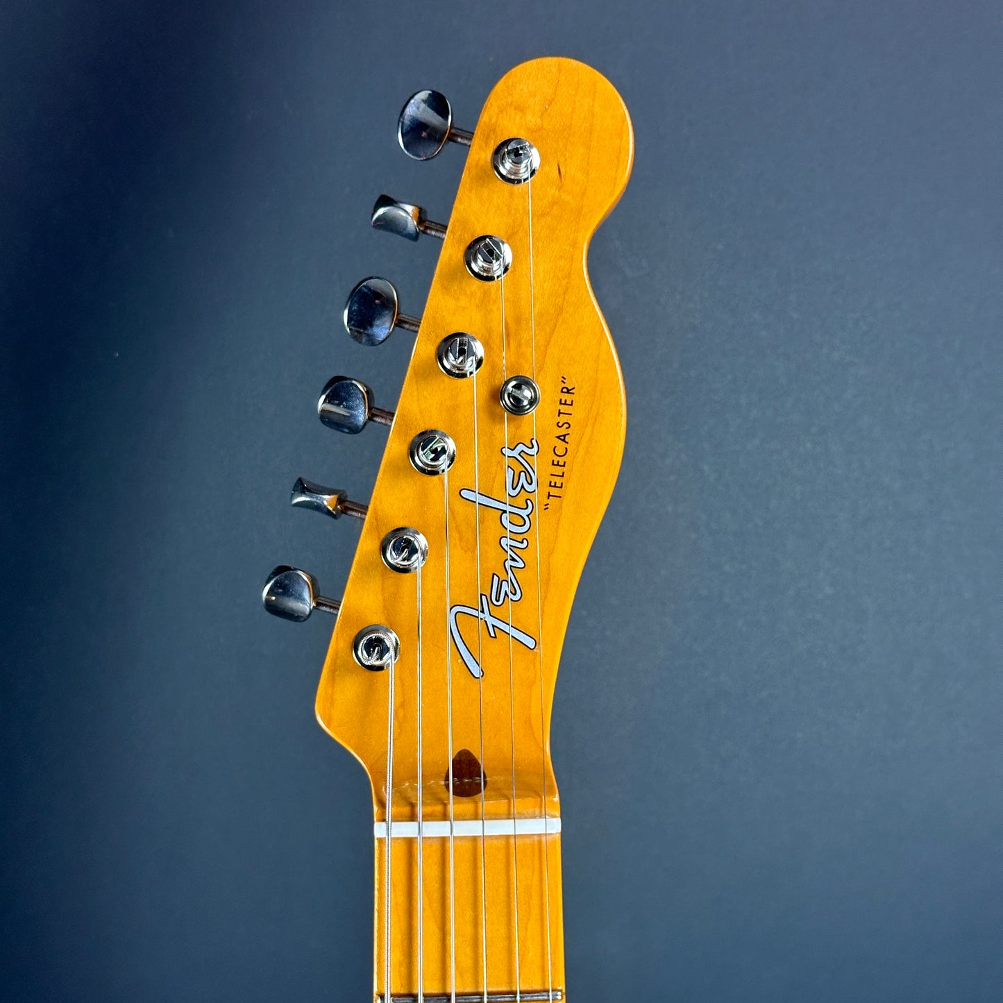 Front of headstock of Used Fender American Vintage II 1951 Telecaster Butterscotch Blonde.