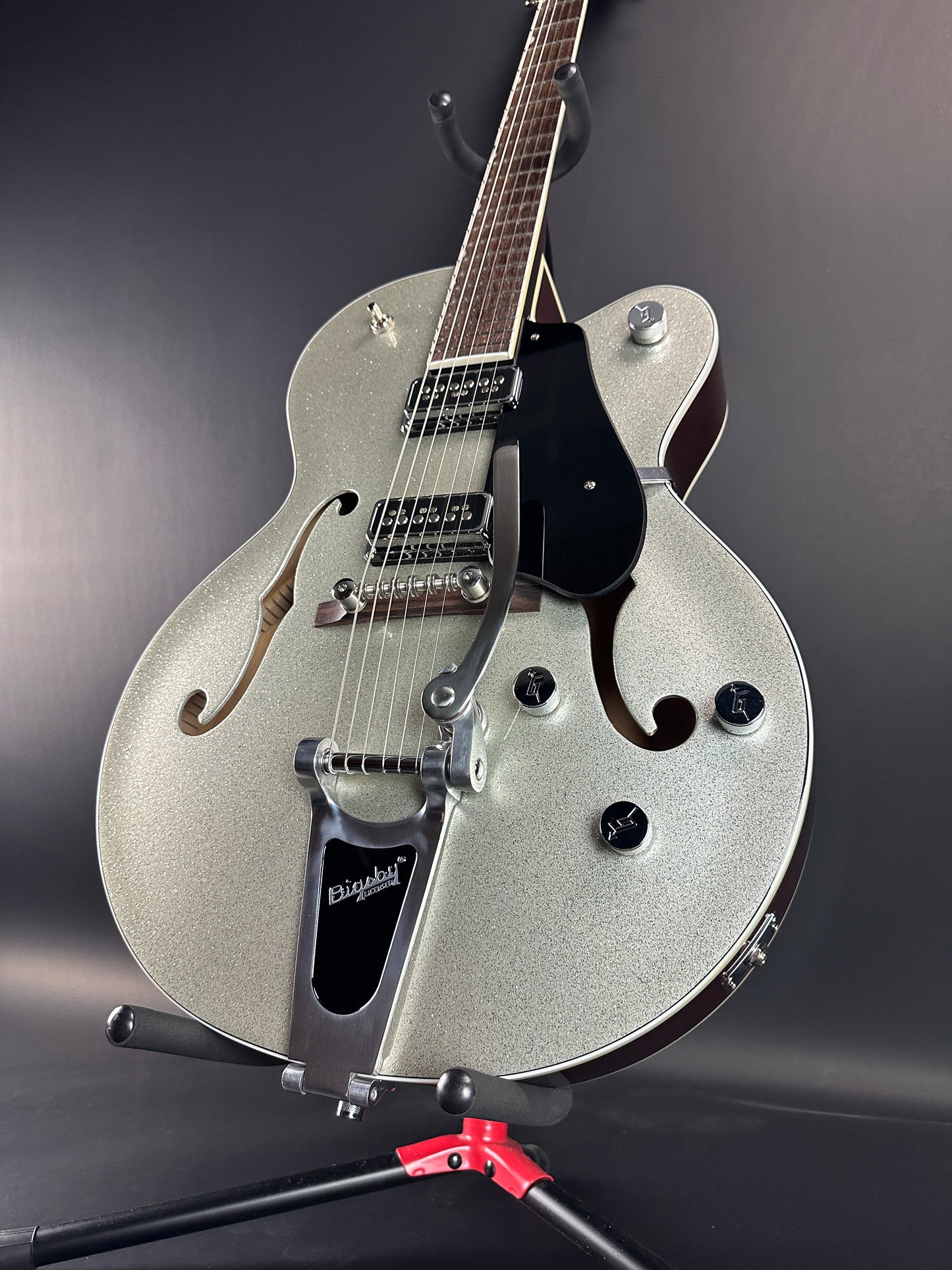 Front angle of Used Gretsch G5126 Electromatic Silver Sparkle.