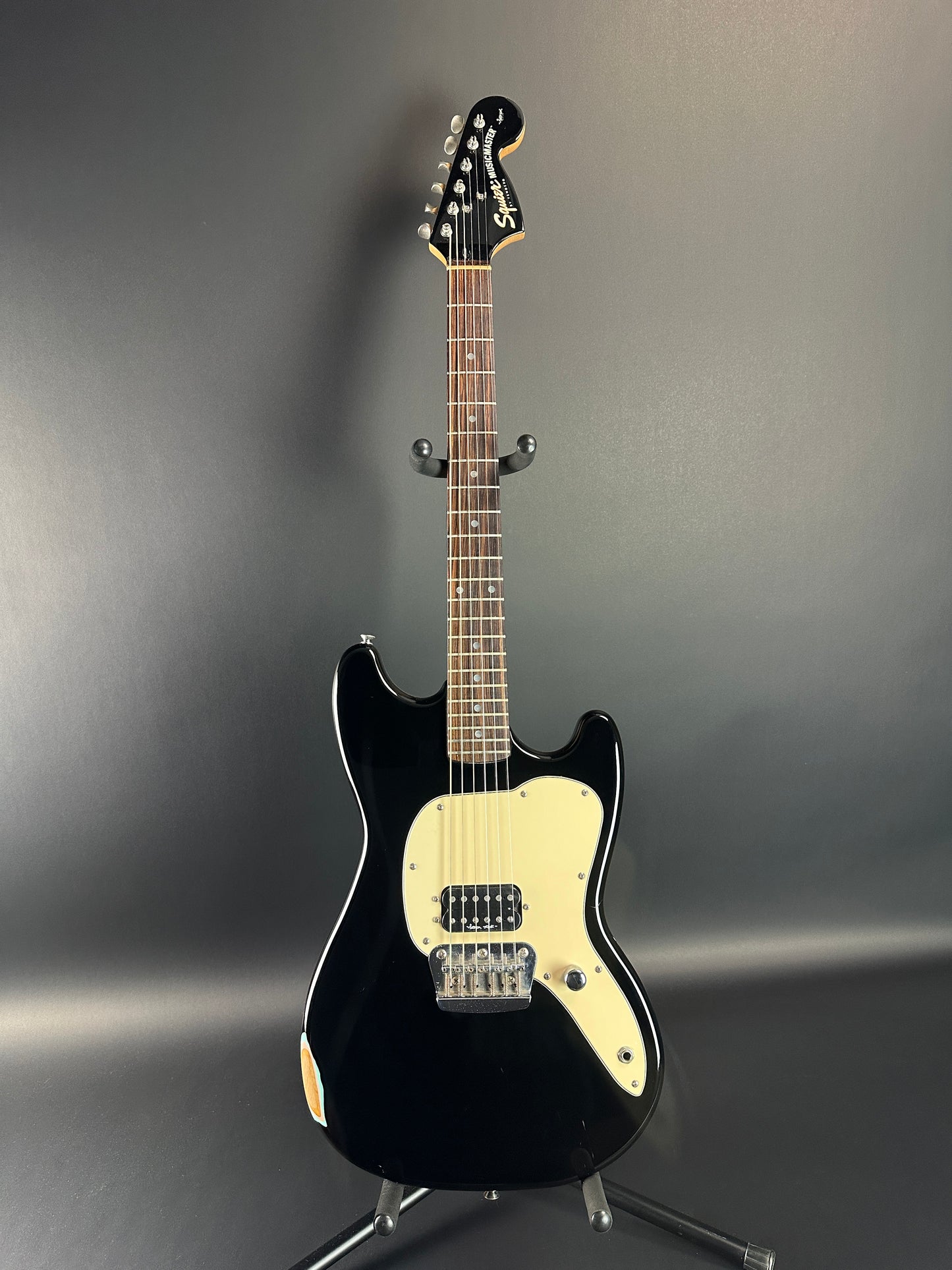 Full front of Used 1999 Squier Vista Musicmaster Black.