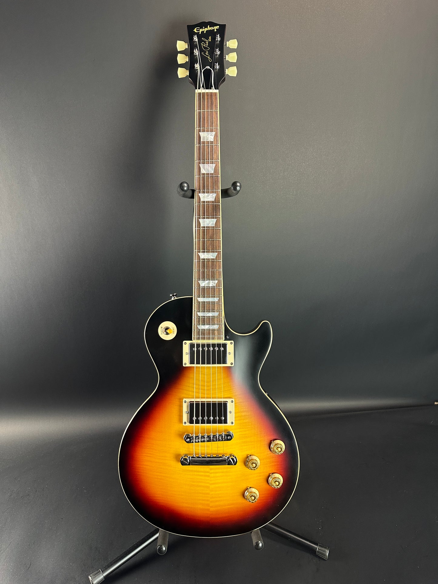 Full front of Used Epiphone Inspired by Gibson Custom 1959 Les Paul Standard Tobacco Sunburst.