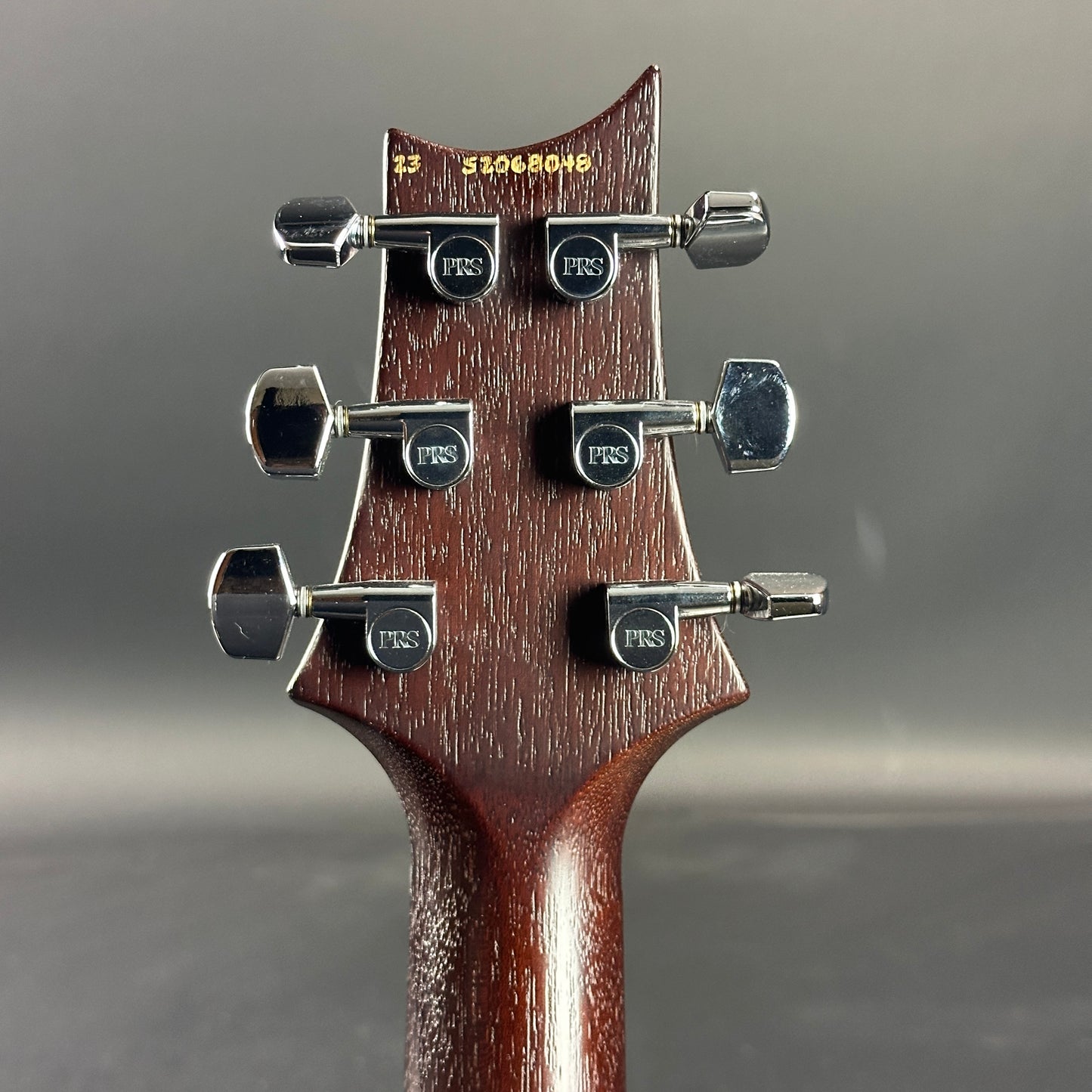 Back of headstock of Used 2023 PRS S2 Standard 22 Satin Tobacco Burst.