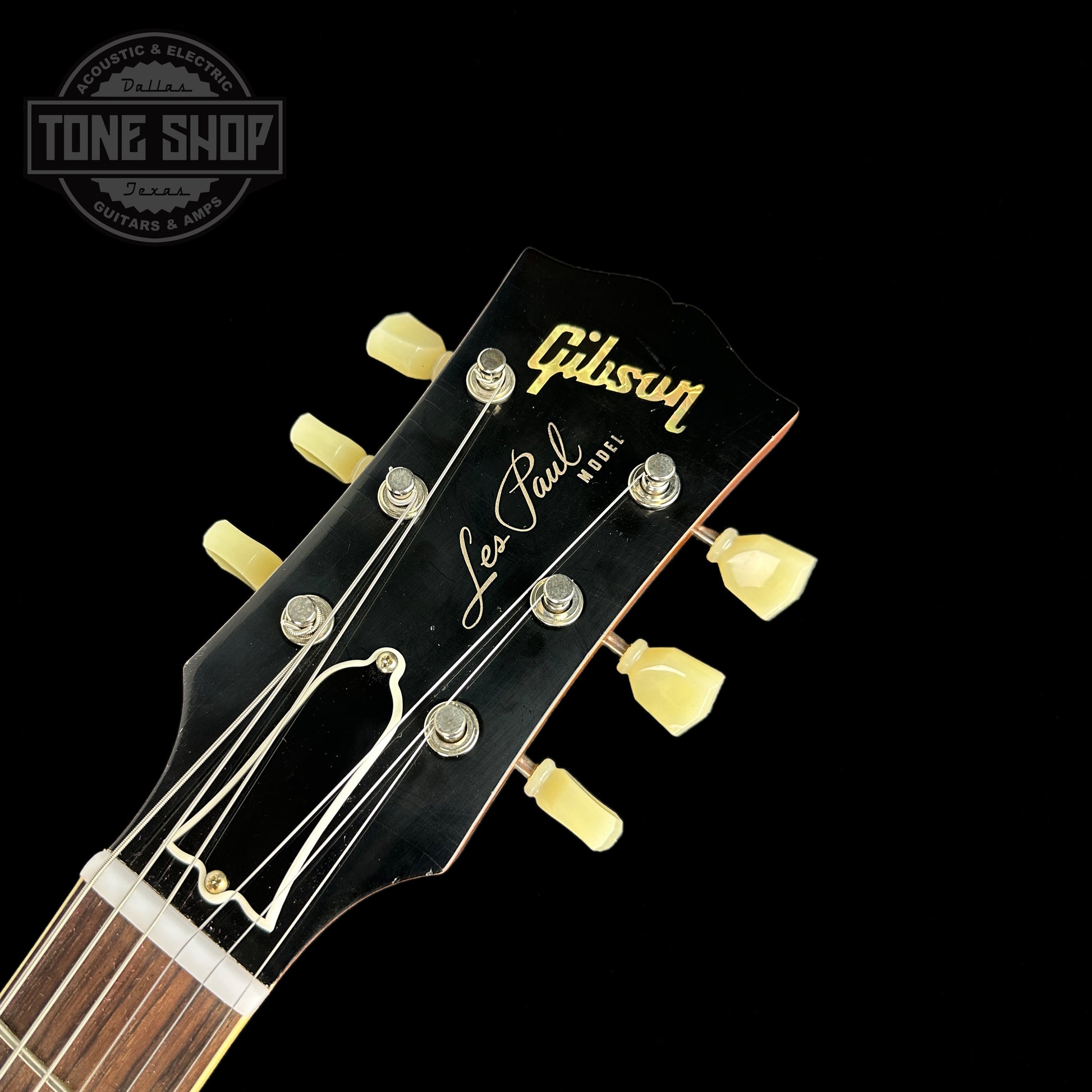 Front of headstock of Used Gibson Custom Shop 1956 Les Paul Goldtop Murphy Lab Ultra Light Aged.