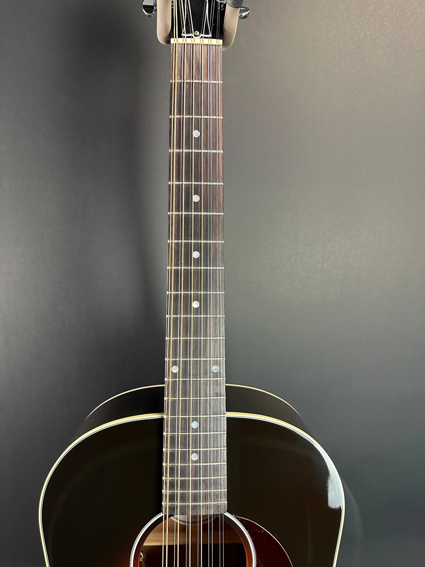 Fretboard of Used Gibson J-45 Standard 12 String Vintage Sunburst.