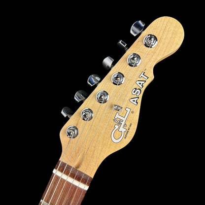 Front of headstock of Used G&L Fullerton Deluxe ASAT Blue.