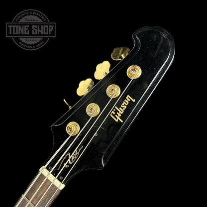 Front of headstock of Used Gibson Rex Brown Thunderbird Ebony.