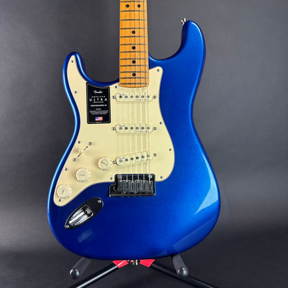 Front of Used Fender American Ultra Stratocaster Left Hand Cobra Blue.