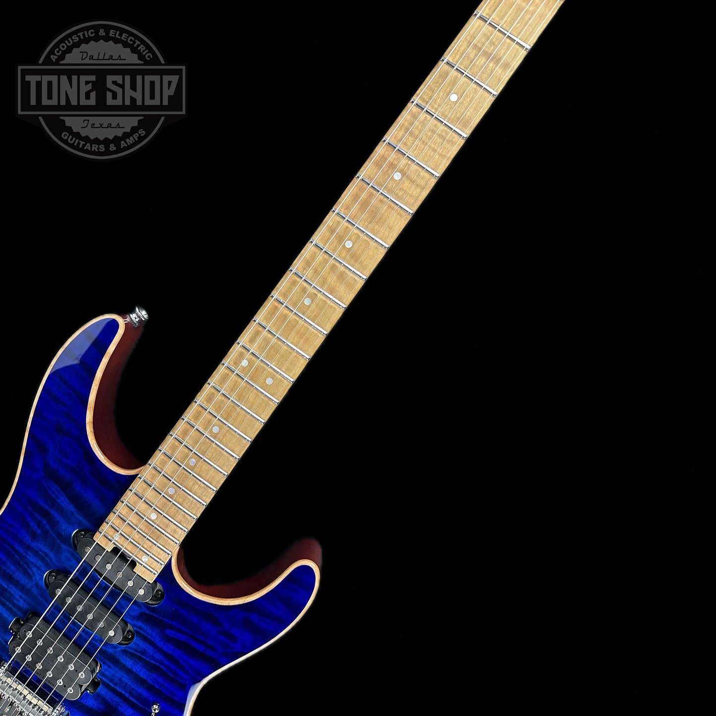 Fretboard of Used Charvel USA Select DK24 HSS Blueburst.