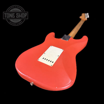 Back angle of Used 2021 Danocaster Double Cut Fiesta Red.
