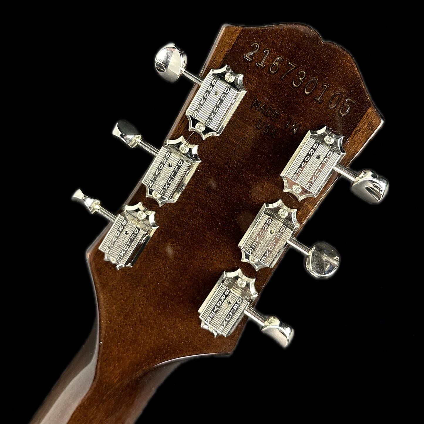 Back of headstock of Used Epiphone USA Casino Sunburst.