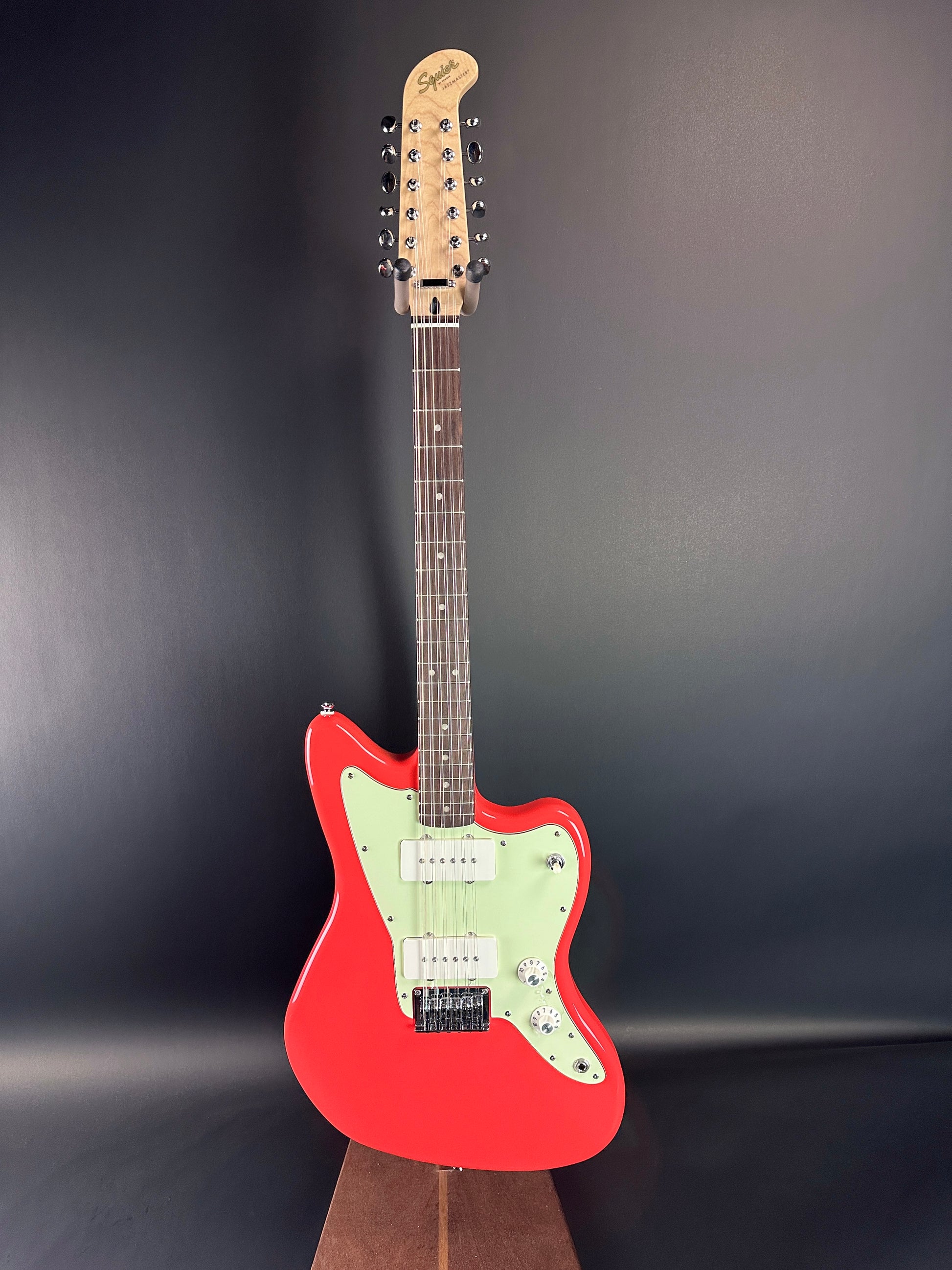 Full front of Used Squier Paranormal Jazzmaster XII Fiesta Red.