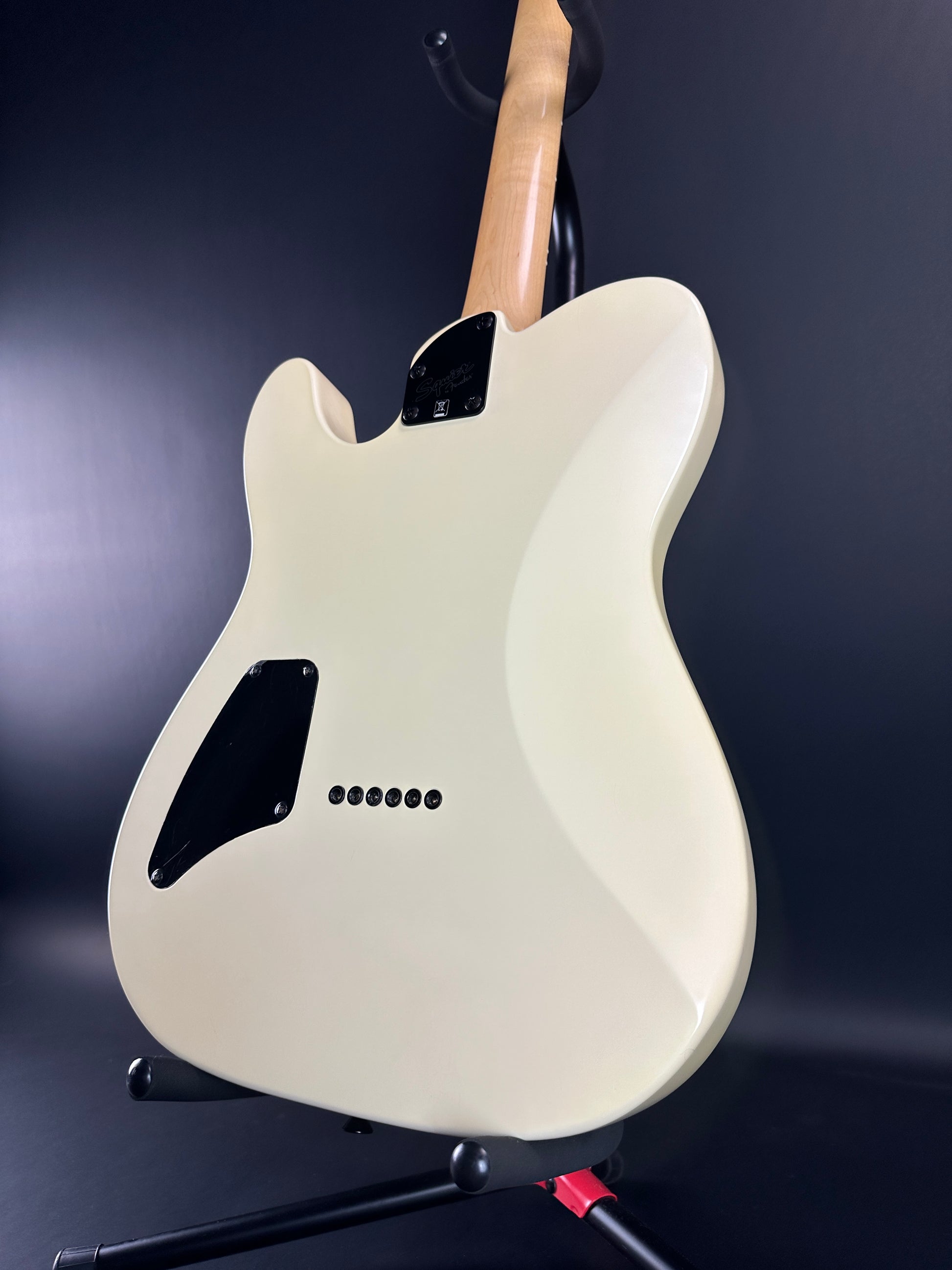 Back angle of Used Squier Jim Root Tele White.