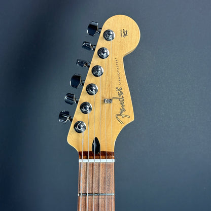 Front of headstock of Used Fender Player Stratocaster Plus Top Sunburst.