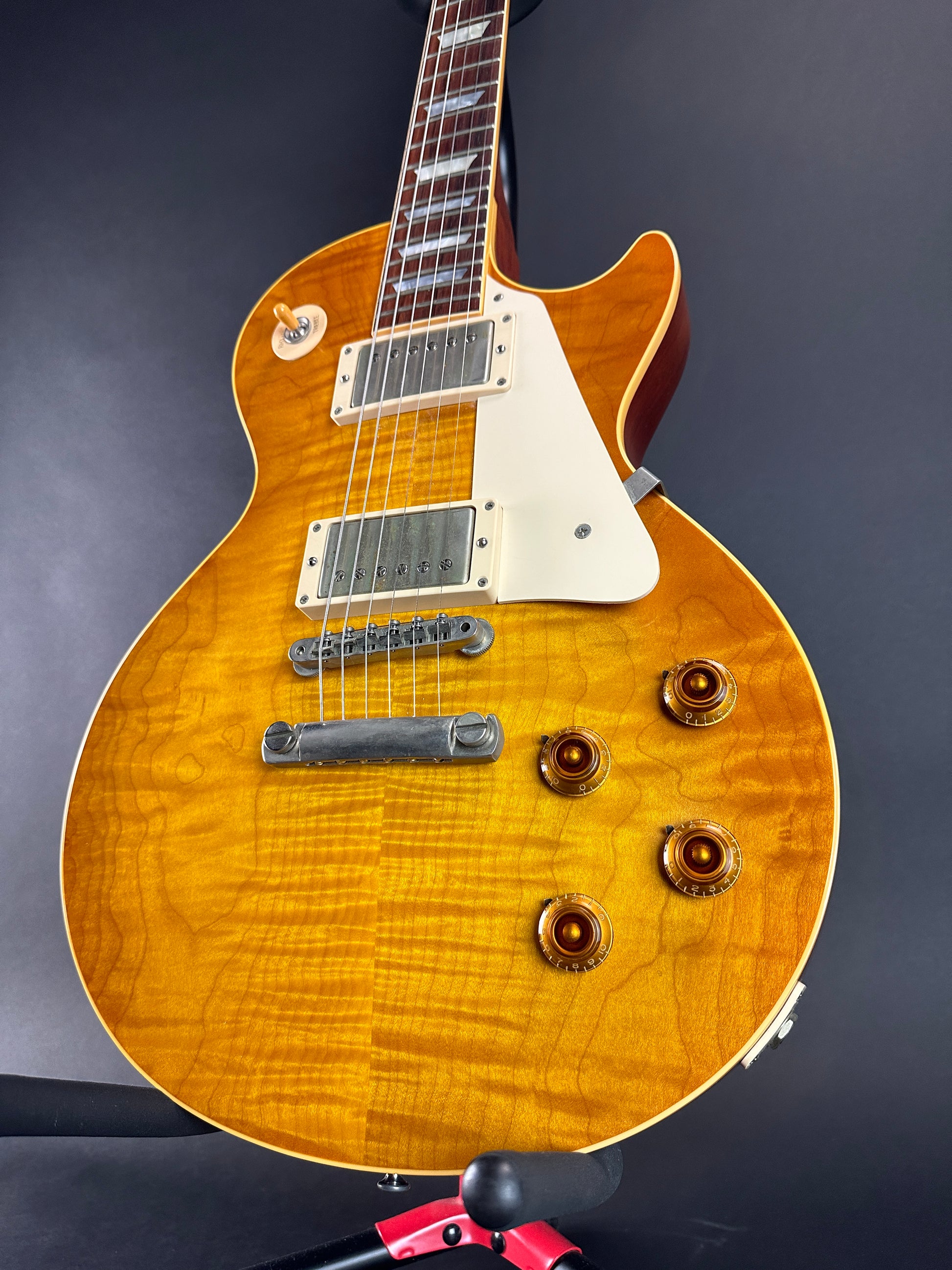 Front angle of Used 2002 Gibson Custom Shop 1958 Reissue Les Paul Lemonburst.