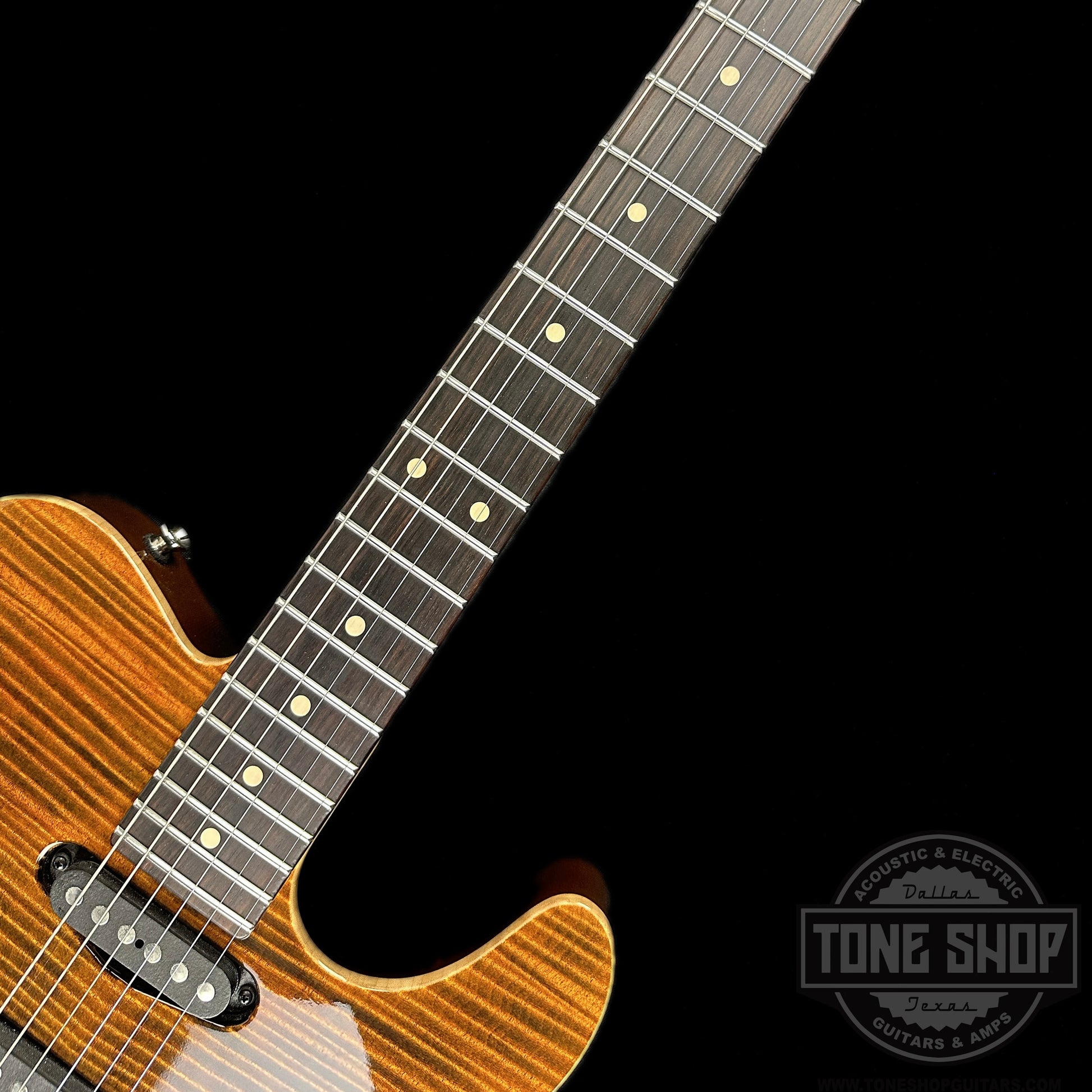 Fretboard of Used Tom Anderson Hollow T Drop Top Tiger Eye.