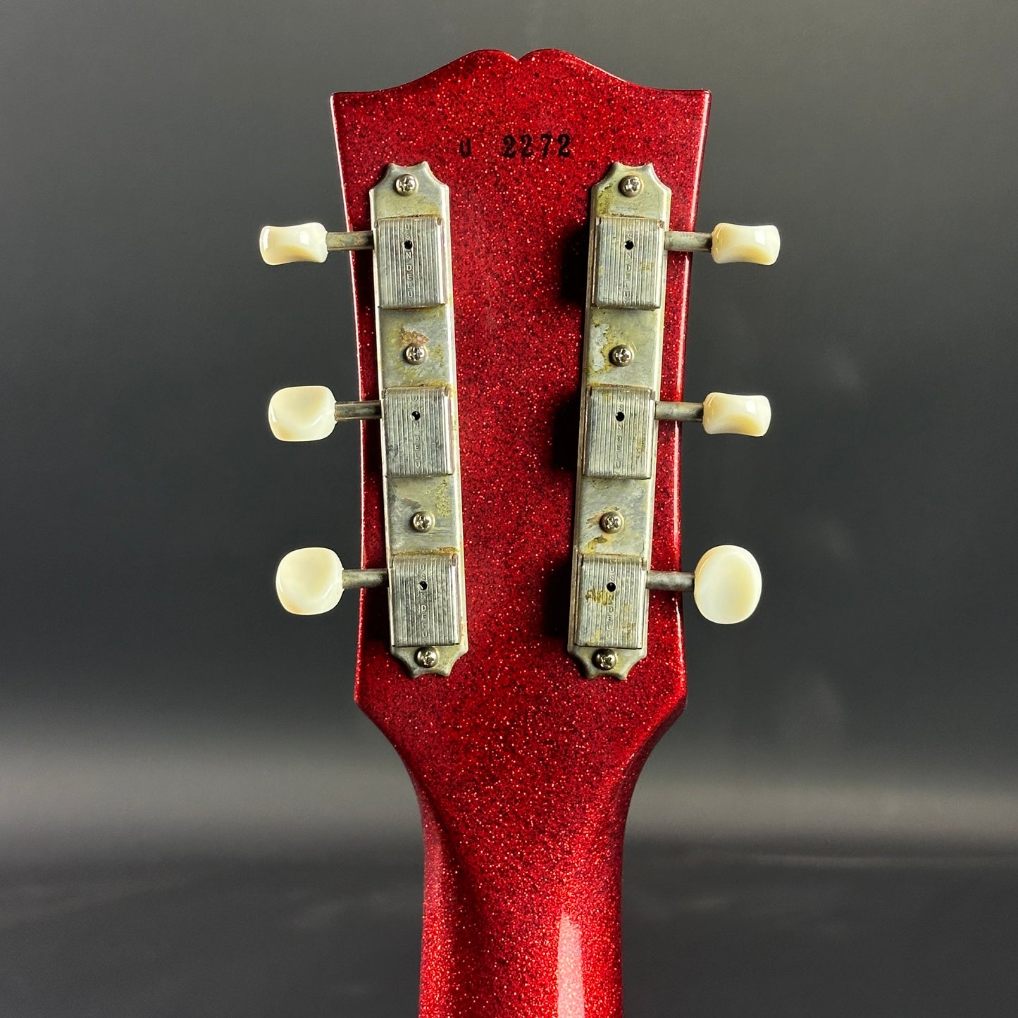 Back of headstock of Used Gibson Custom Shop M2M 1960 Les Paul Special Double Cut Red Sparkle.