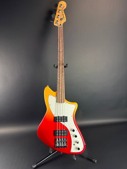 Full front of Used Fender Player Plus Meteora Bass Tequila Sunrise.