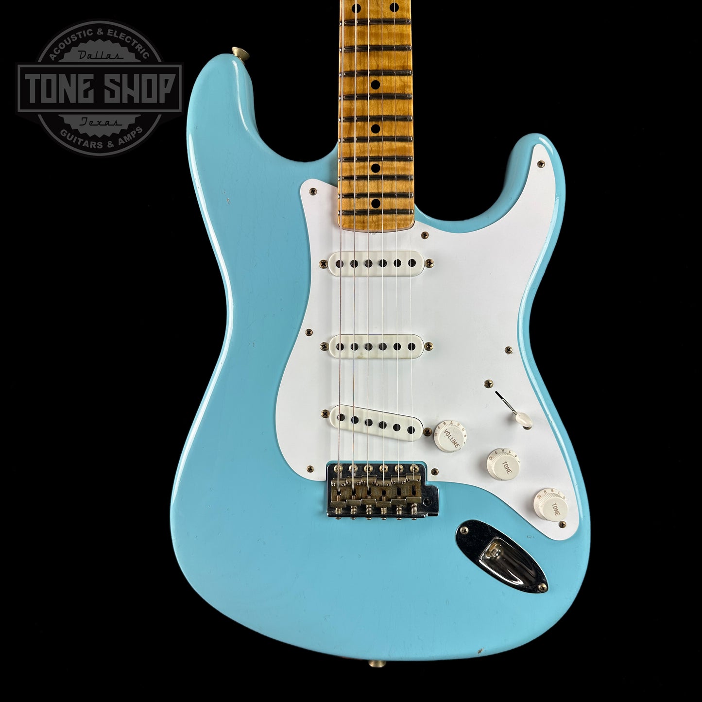 Front of Fender Custom Shop LTD 70th Anniversary 1954 Stratocaster Daphne Blue.