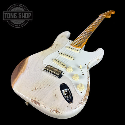 Front angle of Fender Custom Shop Time Machine '57 Strat Heavy Relic Aged White Blonde.