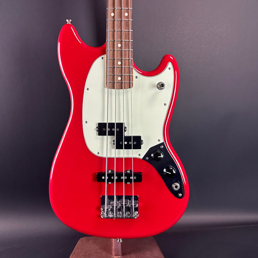 Front of Used Fender Mustang PJ Bass Torino Red.