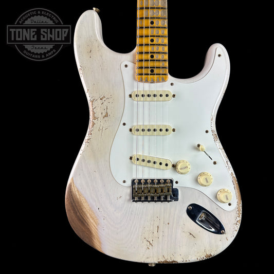 Front of Fender Custom Shop Time Machine '57 Strat Heavy Relic Aged White Blonde.